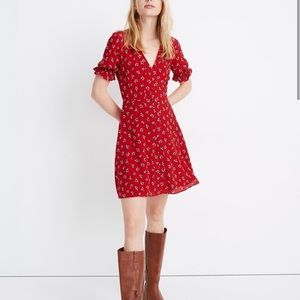 Madewell Silk Ruffle-Sleeve, Button-Front Dress- Red Floral